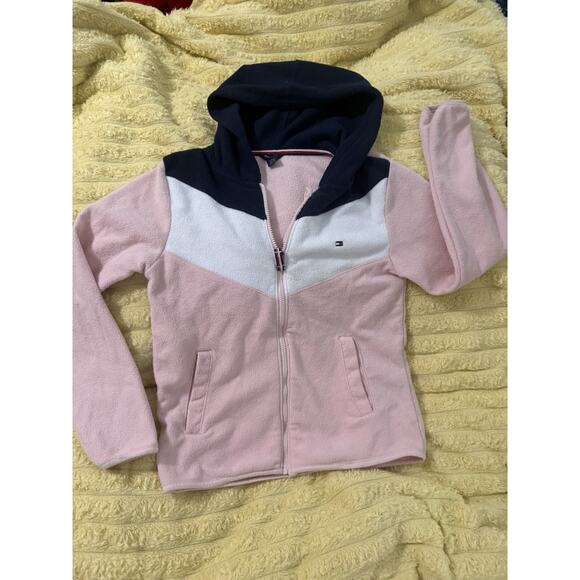 Girls Tommy Hilfiger Pink Blue Jacket Hoodie Full Zip Size Large 12/14 - Picture 2 of 4